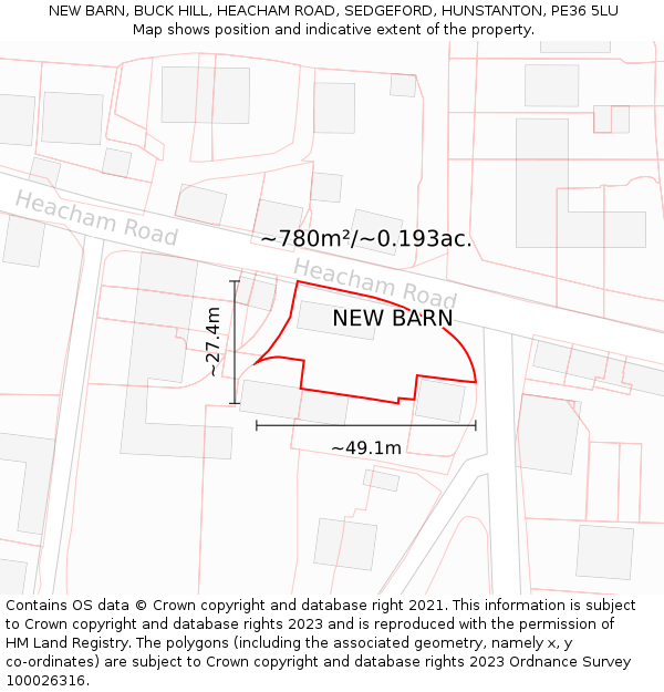 NEW BARN, BUCK HILL, HEACHAM ROAD, SEDGEFORD, HUNSTANTON, PE36 5LU: Plot and title map