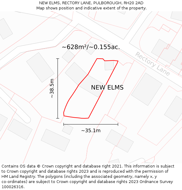 NEW ELMS, RECTORY LANE, PULBOROUGH, RH20 2AD: Plot and title map