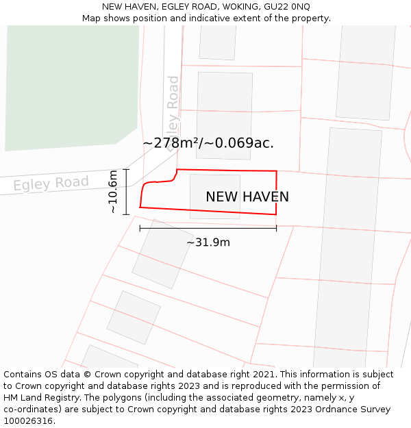 NEW HAVEN, EGLEY ROAD, WOKING, GU22 0NQ: Plot and title map