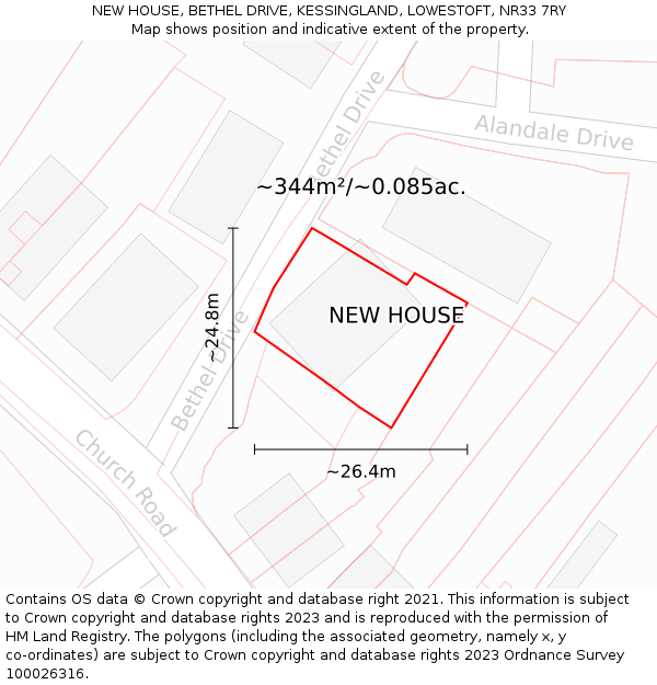 NEW HOUSE, BETHEL DRIVE, KESSINGLAND, LOWESTOFT, NR33 7RY: Plot and title map
