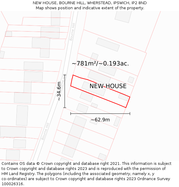 NEW HOUSE, BOURNE HILL, WHERSTEAD, IPSWICH, IP2 8ND: Plot and title map