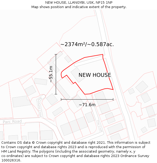 NEW HOUSE, LLANGYBI, USK, NP15 1NP: Plot and title map