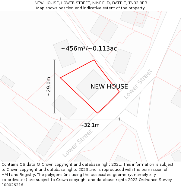 NEW HOUSE, LOWER STREET, NINFIELD, BATTLE, TN33 9EB: Plot and title map