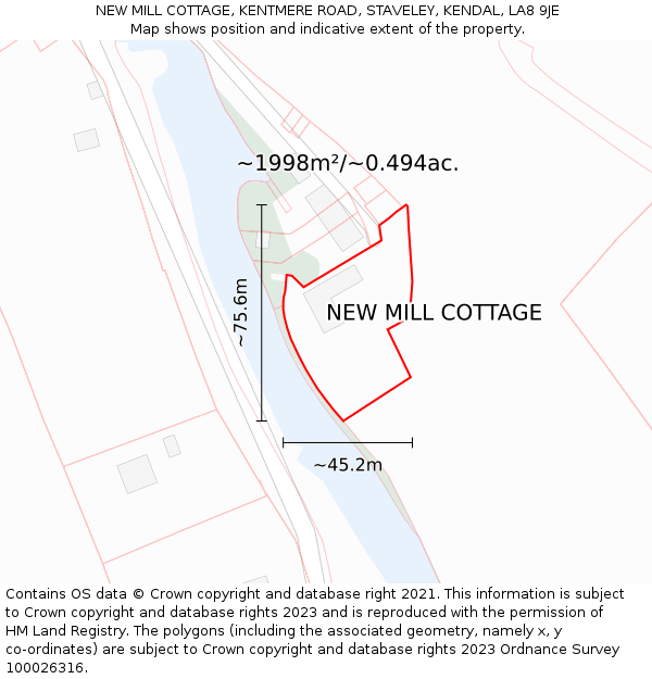 NEW MILL COTTAGE, KENTMERE ROAD, STAVELEY, KENDAL, LA8 9JE: Plot and title map