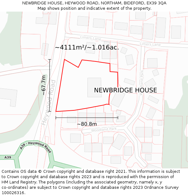 NEWBRIDGE HOUSE, HEYWOOD ROAD, NORTHAM, BIDEFORD, EX39 3QA: Plot and title map