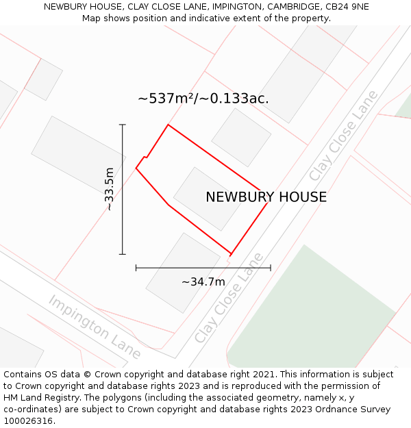 NEWBURY HOUSE, CLAY CLOSE LANE, IMPINGTON, CAMBRIDGE, CB24 9NE: Plot and title map