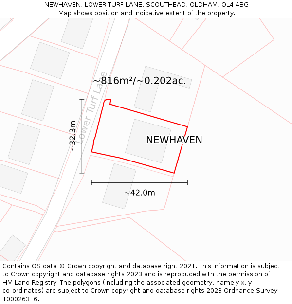 NEWHAVEN, LOWER TURF LANE, SCOUTHEAD, OLDHAM, OL4 4BG: Plot and title map