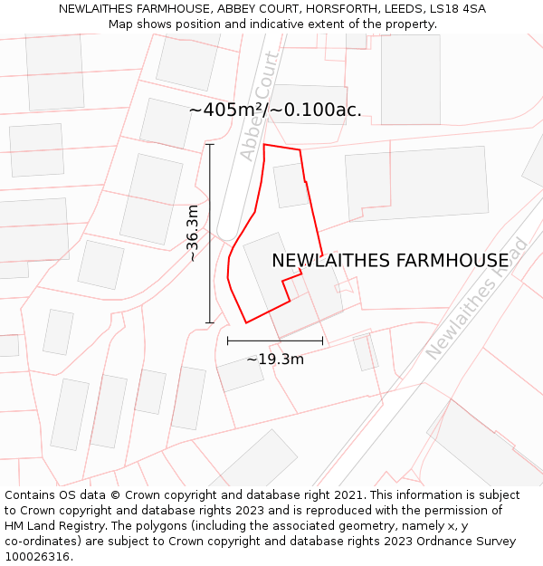 NEWLAITHES FARMHOUSE, ABBEY COURT, HORSFORTH, LEEDS, LS18 4SA: Plot and title map