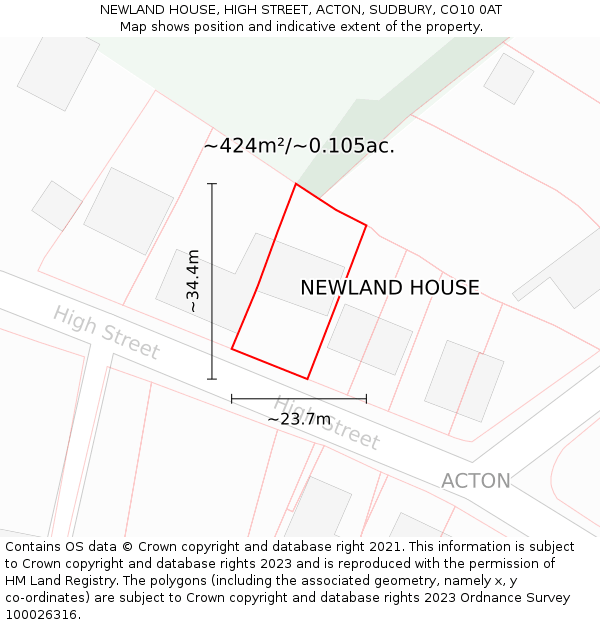 NEWLAND HOUSE, HIGH STREET, ACTON, SUDBURY, CO10 0AT: Plot and title map
