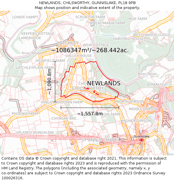 NEWLANDS, CHILSWORTHY, GUNNISLAKE, PL18 9PB: Plot and title map