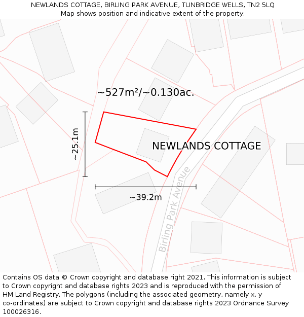 NEWLANDS COTTAGE, BIRLING PARK AVENUE, TUNBRIDGE WELLS, TN2 5LQ: Plot and title map