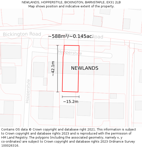 NEWLANDS, HOPPERSTYLE, BICKINGTON, BARNSTAPLE, EX31 2LB: Plot and title map