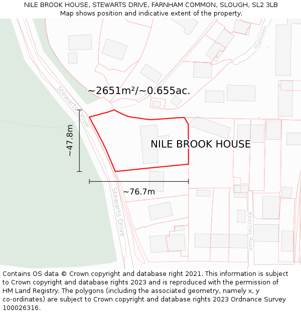 NILE BROOK HOUSE, STEWARTS DRIVE, FARNHAM COMMON, SLOUGH, SL2 3LB: Plot and title map