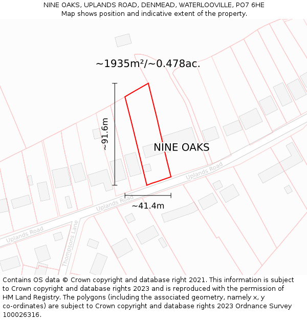 NINE OAKS, UPLANDS ROAD, DENMEAD, WATERLOOVILLE, PO7 6HE: Plot and title map