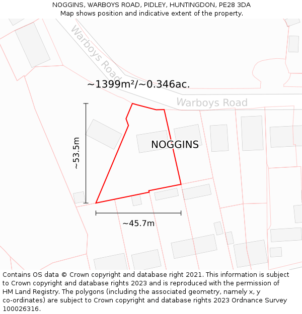 NOGGINS, WARBOYS ROAD, PIDLEY, HUNTINGDON, PE28 3DA: Plot and title map