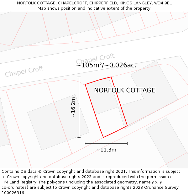 NORFOLK COTTAGE, CHAPELCROFT, CHIPPERFIELD, KINGS LANGLEY, WD4 9EL: Plot and title map