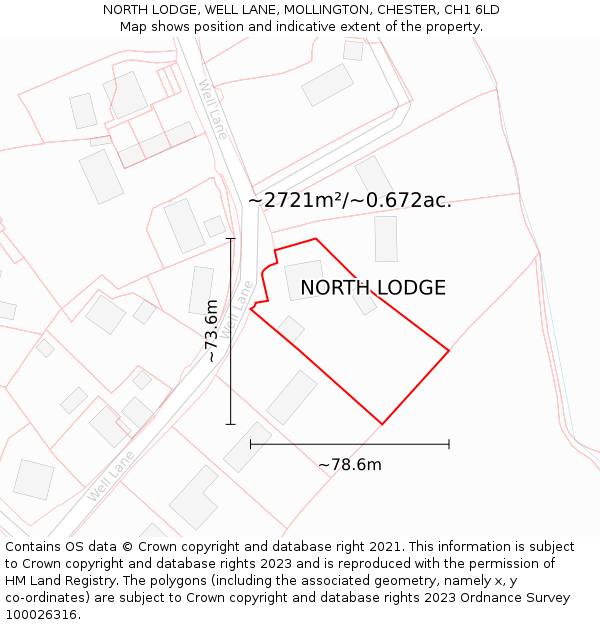 NORTH LODGE, WELL LANE, MOLLINGTON, CHESTER, CH1 6LD: Plot and title map