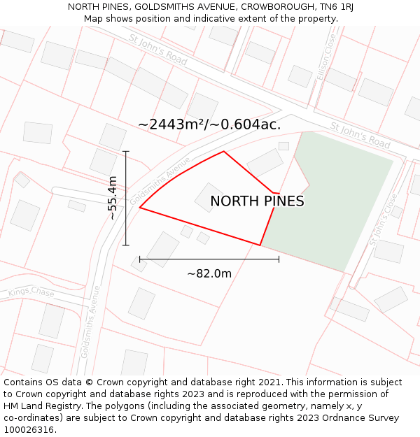 NORTH PINES, GOLDSMITHS AVENUE, CROWBOROUGH, TN6 1RJ: Plot and title map