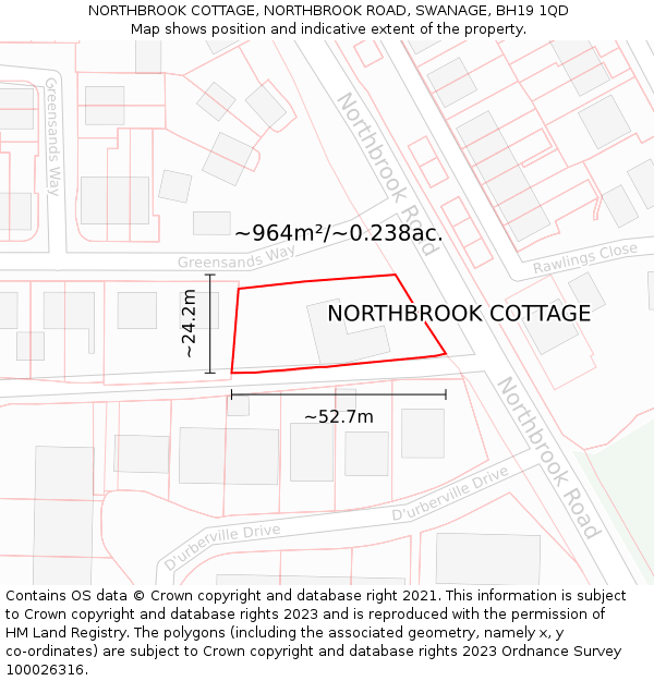 NORTHBROOK COTTAGE, NORTHBROOK ROAD, SWANAGE, BH19 1QD: Plot and title map