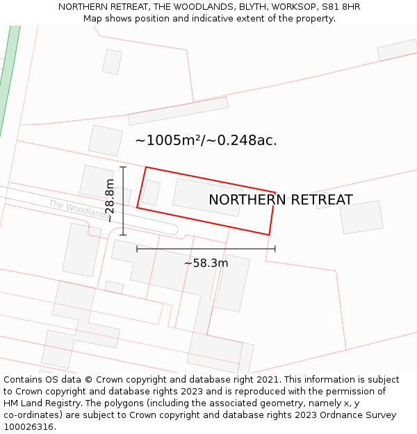NORTHERN RETREAT, THE WOODLANDS, BLYTH, WORKSOP, S81 8HR: Plot and title map