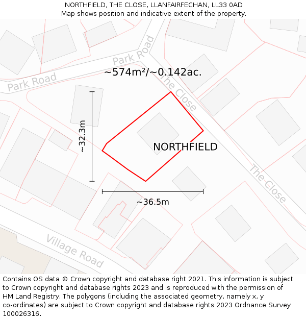 NORTHFIELD, THE CLOSE, LLANFAIRFECHAN, LL33 0AD: Plot and title map