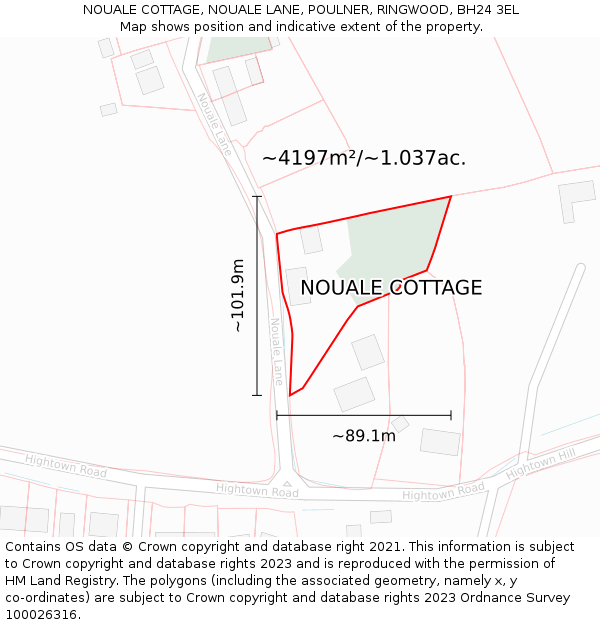 NOUALE COTTAGE, NOUALE LANE, POULNER, RINGWOOD, BH24 3EL: Plot and title map