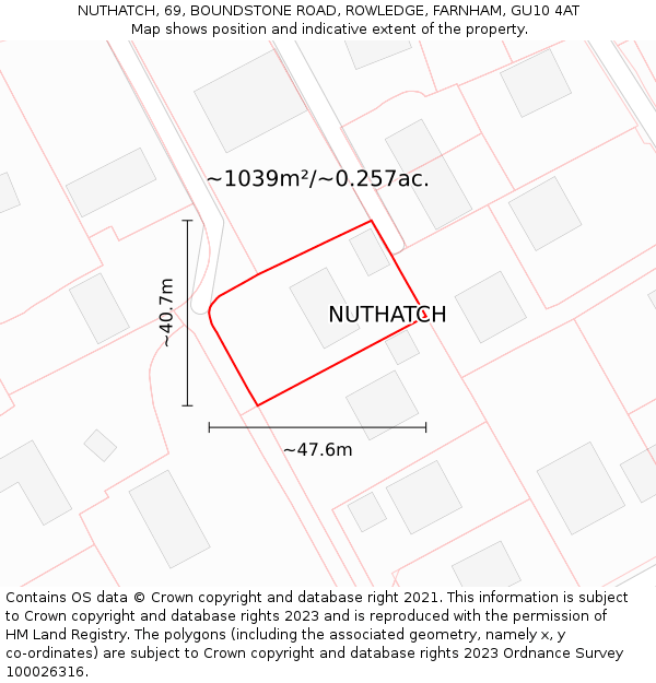 NUTHATCH, 69, BOUNDSTONE ROAD, ROWLEDGE, FARNHAM, GU10 4AT: Plot and title map