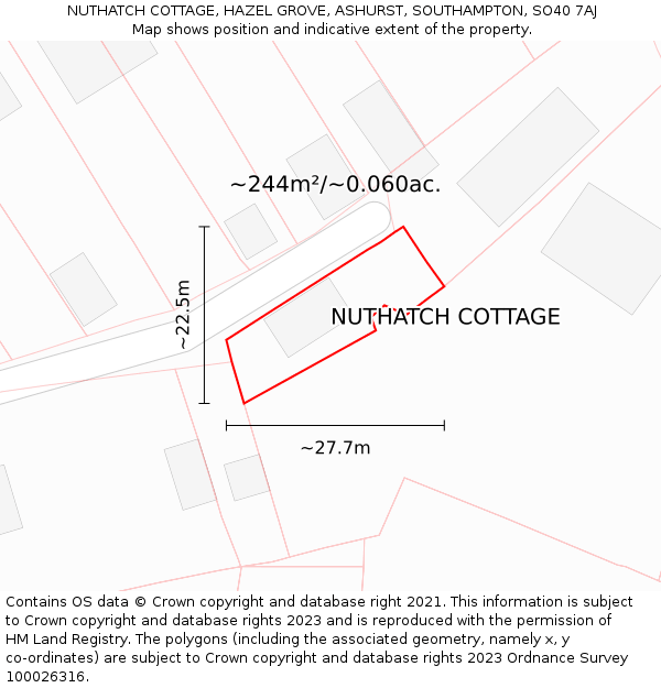 NUTHATCH COTTAGE, HAZEL GROVE, ASHURST, SOUTHAMPTON, SO40 7AJ: Plot and title map