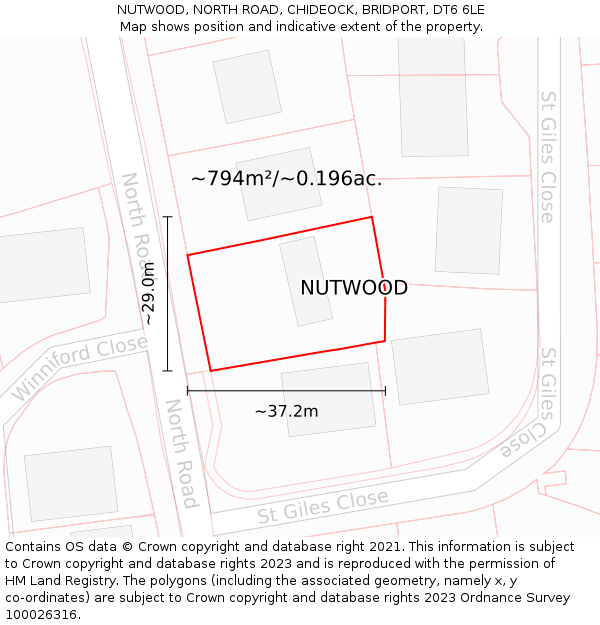 NUTWOOD, NORTH ROAD, CHIDEOCK, BRIDPORT, DT6 6LE: Plot and title map