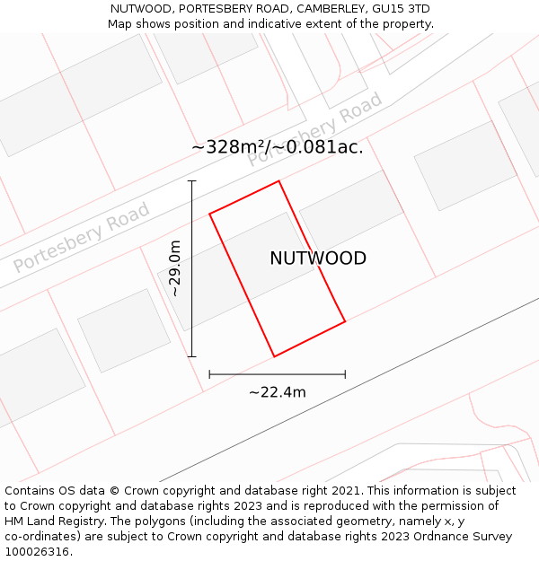 NUTWOOD, PORTESBERY ROAD, CAMBERLEY, GU15 3TD: Plot and title map
