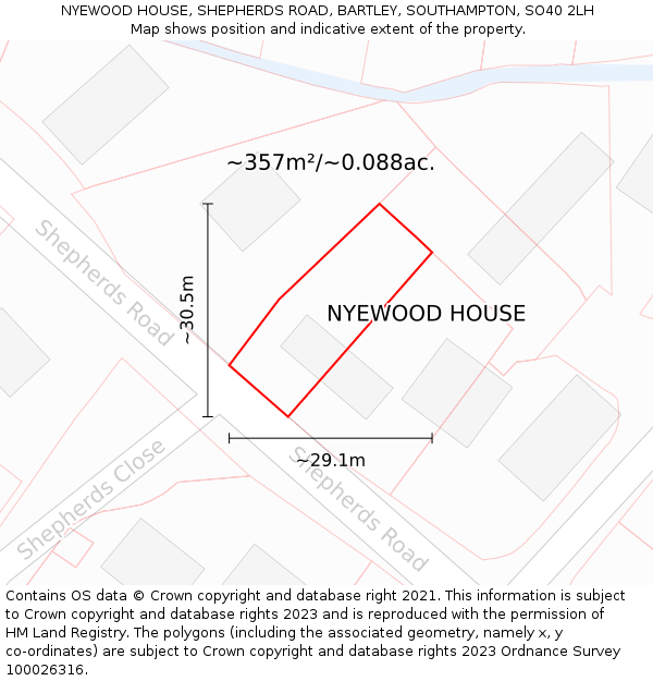 NYEWOOD HOUSE, SHEPHERDS ROAD, BARTLEY, SOUTHAMPTON, SO40 2LH: Plot and title map