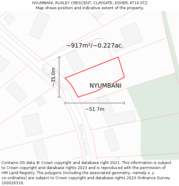 NYUMBANI, RUXLEY CRESCENT, CLAYGATE, ESHER, KT10 0TZ: Plot and title map