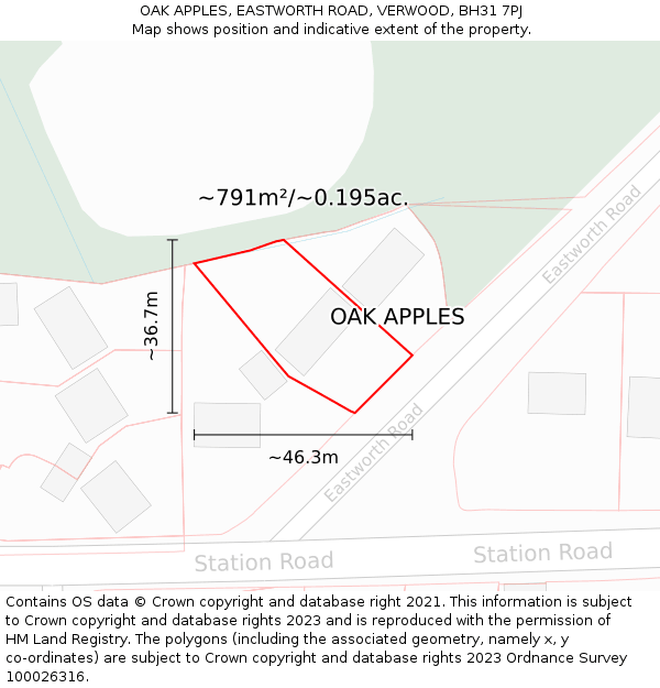 OAK APPLES, EASTWORTH ROAD, VERWOOD, BH31 7PJ: Plot and title map
