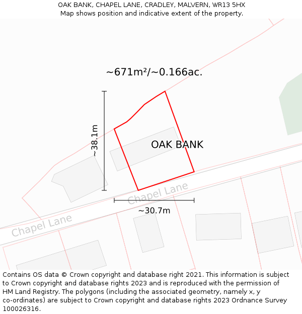 OAK BANK, CHAPEL LANE, CRADLEY, MALVERN, WR13 5HX: Plot and title map