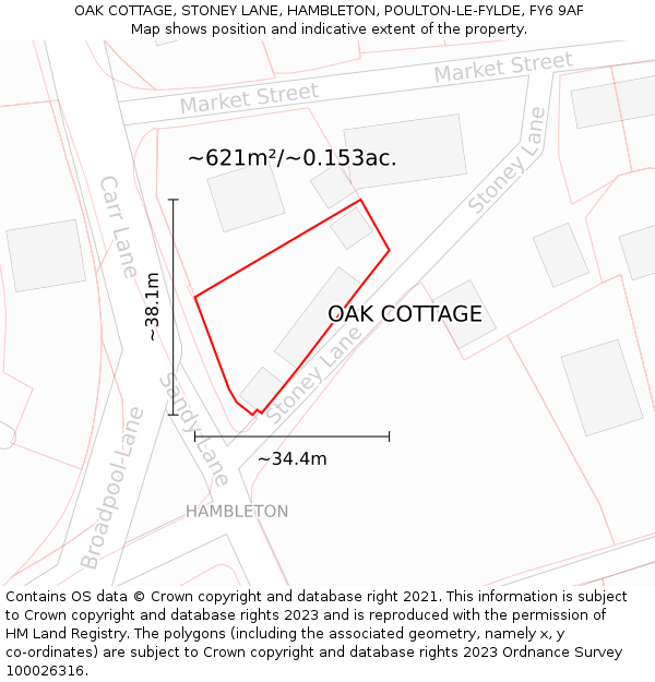 OAK COTTAGE, STONEY LANE, HAMBLETON, POULTON-LE-FYLDE, FY6 9AF: Plot and title map