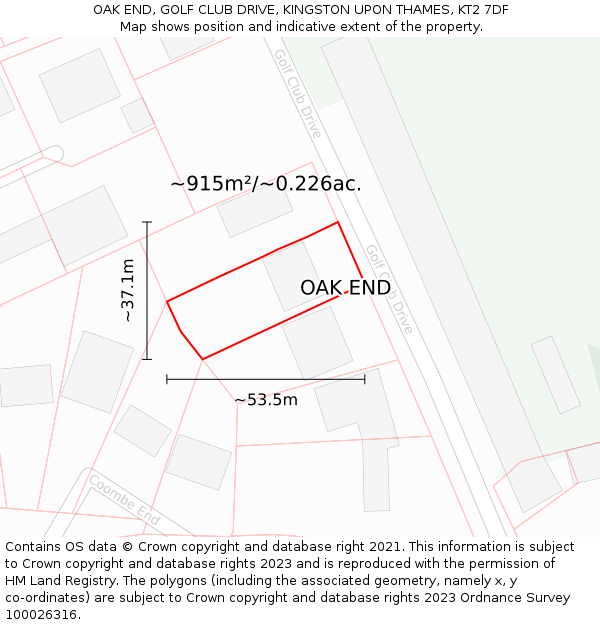 OAK END, GOLF CLUB DRIVE, KINGSTON UPON THAMES, KT2 7DF: Plot and title map