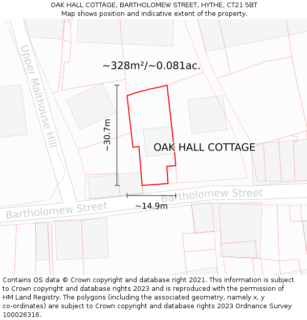 OAK HALL COTTAGE, BARTHOLOMEW STREET, HYTHE, CT21 5BT: Plot and title map