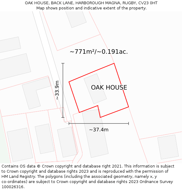 OAK HOUSE, BACK LANE, HARBOROUGH MAGNA, RUGBY, CV23 0HT: Plot and title map