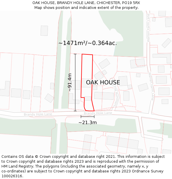 OAK HOUSE, BRANDY HOLE LANE, CHICHESTER, PO19 5RX: Plot and title map