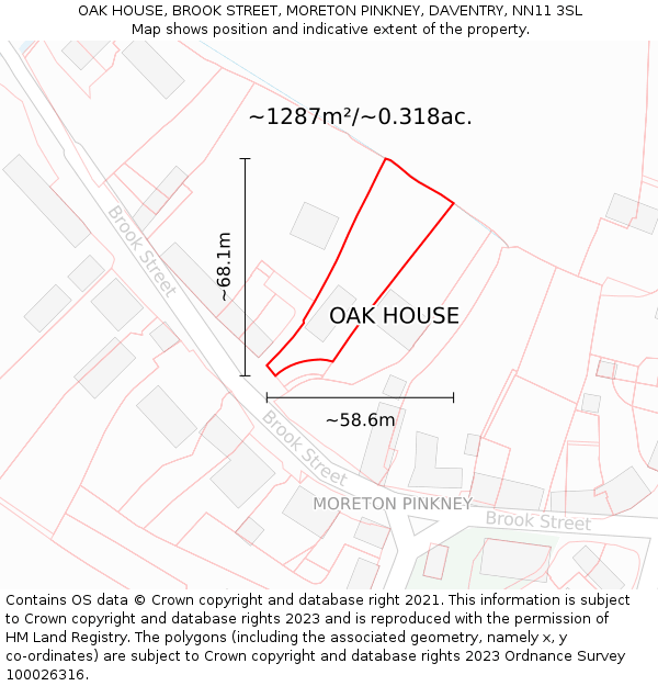 OAK HOUSE, BROOK STREET, MORETON PINKNEY, DAVENTRY, NN11 3SL: Plot and title map