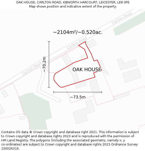 OAK HOUSE, CARLTON ROAD, KIBWORTH HARCOURT, LEICESTER, LE8 0PE: Plot and title map