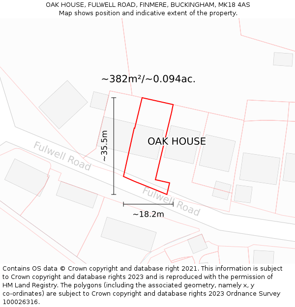 OAK HOUSE, FULWELL ROAD, FINMERE, BUCKINGHAM, MK18 4AS: Plot and title map
