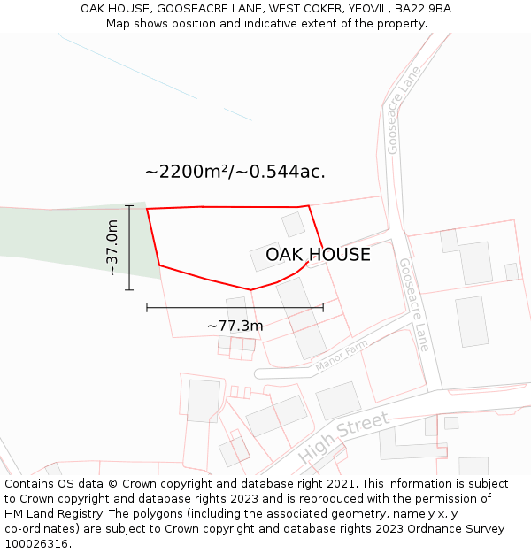 OAK HOUSE, GOOSEACRE LANE, WEST COKER, YEOVIL, BA22 9BA: Plot and title map