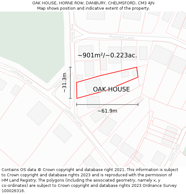 OAK HOUSE, HORNE ROW, DANBURY, CHELMSFORD, CM3 4JN: Plot and title map