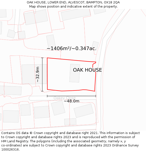 OAK HOUSE, LOWER END, ALVESCOT, BAMPTON, OX18 2QA: Plot and title map