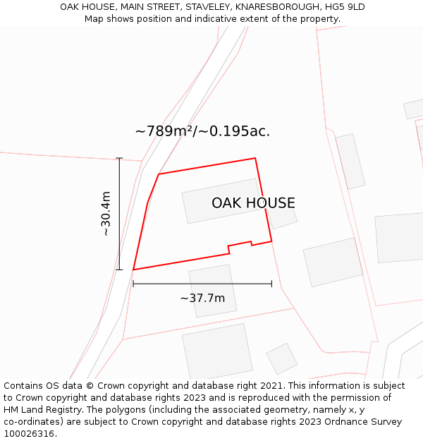 OAK HOUSE, MAIN STREET, STAVELEY, KNARESBOROUGH, HG5 9LD: Plot and title map