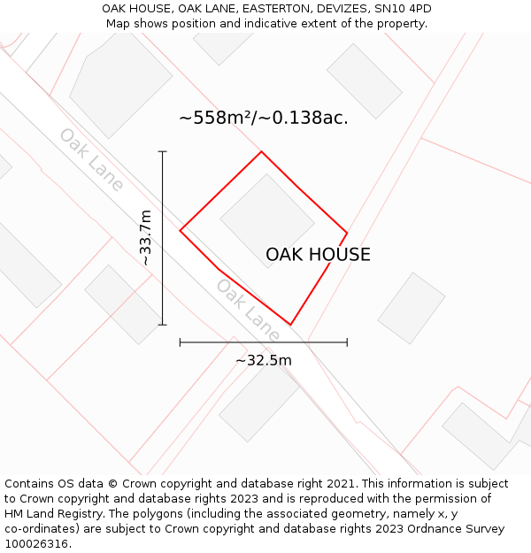 OAK HOUSE, OAK LANE, EASTERTON, DEVIZES, SN10 4PD: Plot and title map