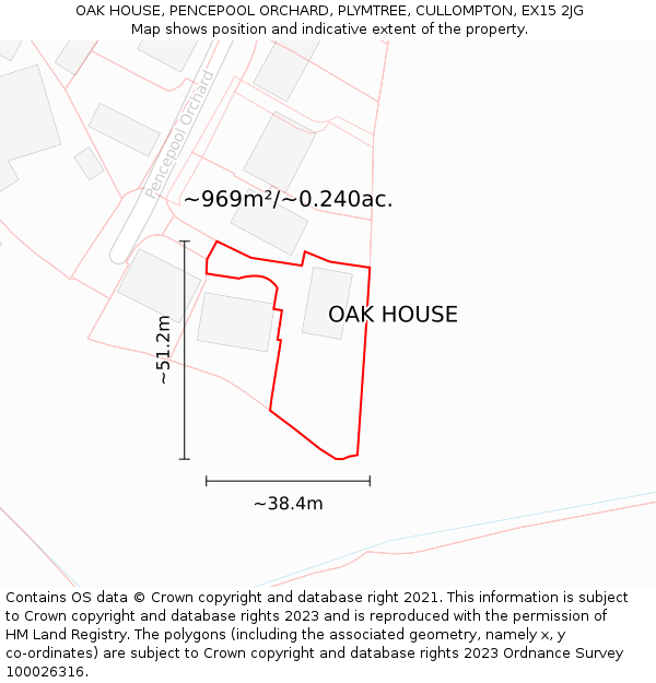 OAK HOUSE, PENCEPOOL ORCHARD, PLYMTREE, CULLOMPTON, EX15 2JG: Plot and title map