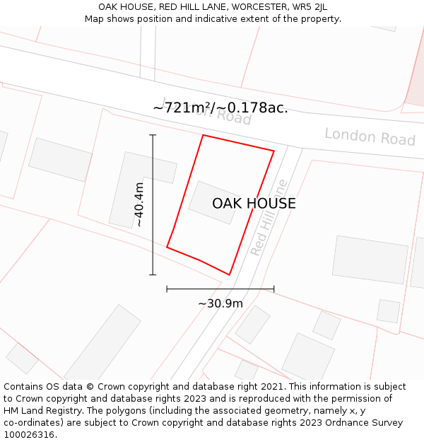 OAK HOUSE, RED HILL LANE, WORCESTER, WR5 2JL: Plot and title map