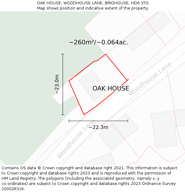 OAK HOUSE, WOODHOUSE LANE, BRIGHOUSE, HD6 3TG: Plot and title map